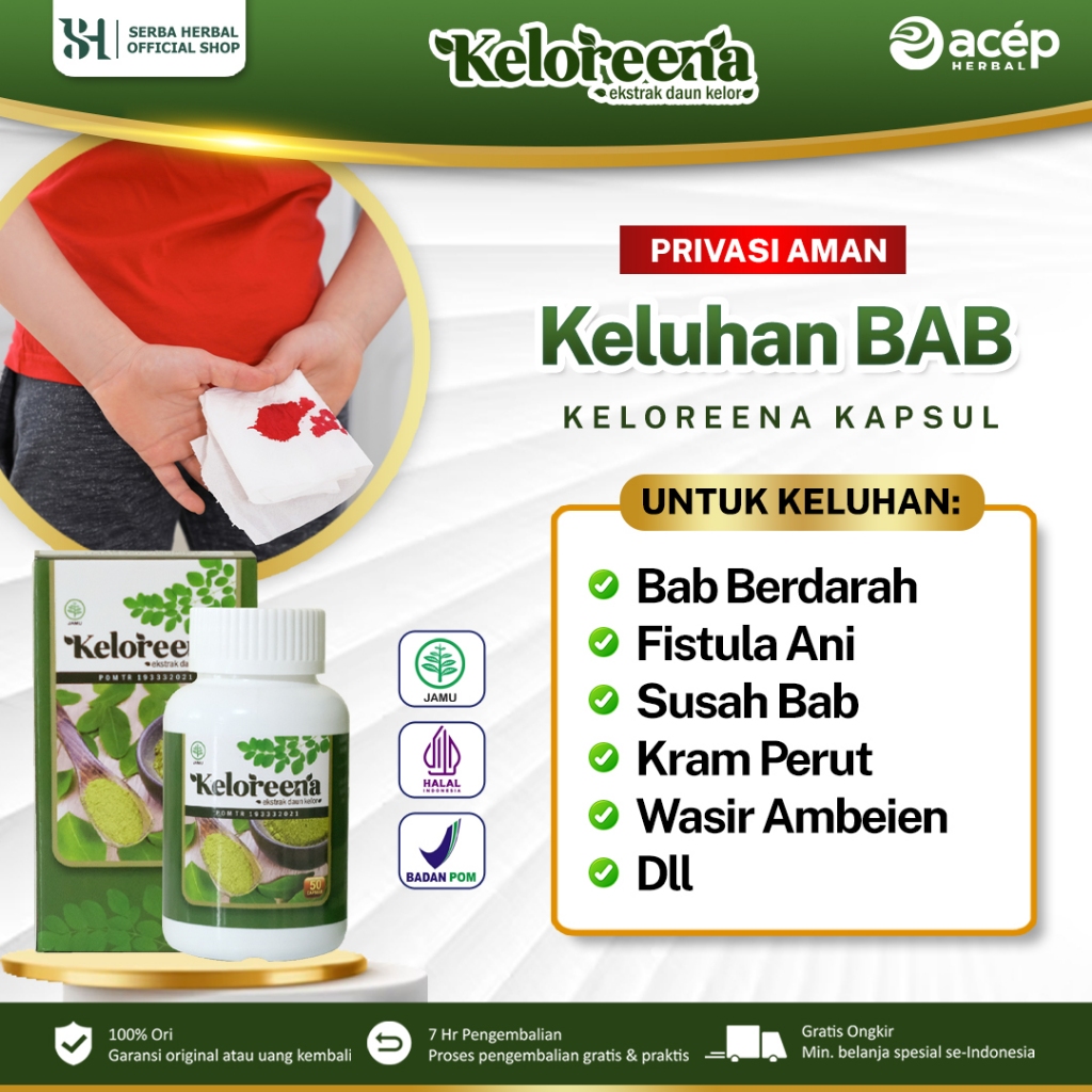 Obat Herbal BAB Berdarah, Disentri Basiler, Fistula Ani, Susah Buang Air Besar, Amuba, Kram Perut, Wasir, Ambeien, Hematochezia, Melena, Radang Usus, Polip Usus Besar, Gastritis, Mual, Sembelit, Pusing, Sesak Nafas - KELOREENA 100% Ekstrak Daun Kelor Asli