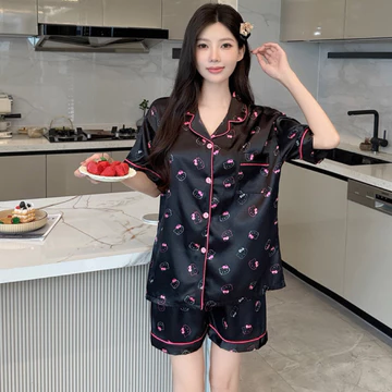 YKL Baju Tidur Wanita Satin Adem Lembut Piyama Setelan Set Cewek Warna Black Pink