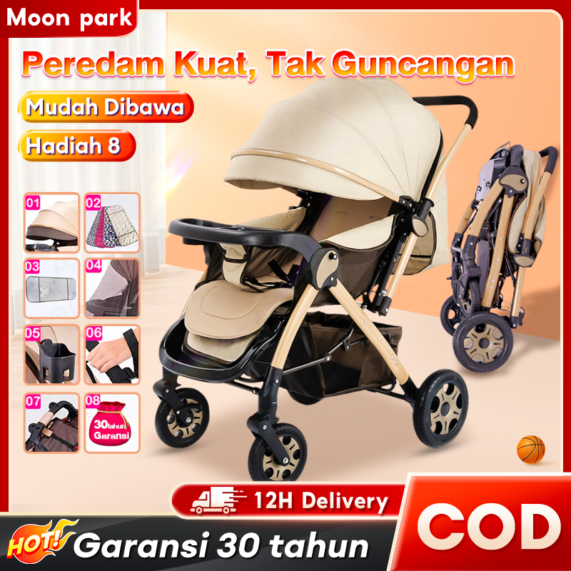 BEIGE Stroller baby foldable two-way baby carriage Kereta dorong bayi lipat  satu tombol Bantalan