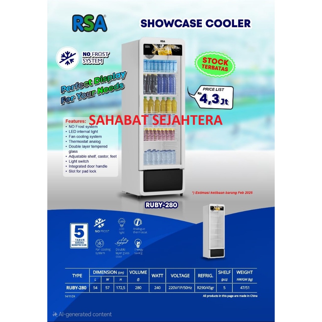 Jual RSA Display Cooler RUBY-280 Kulkas Showcase Minuman 1 Pintu ...