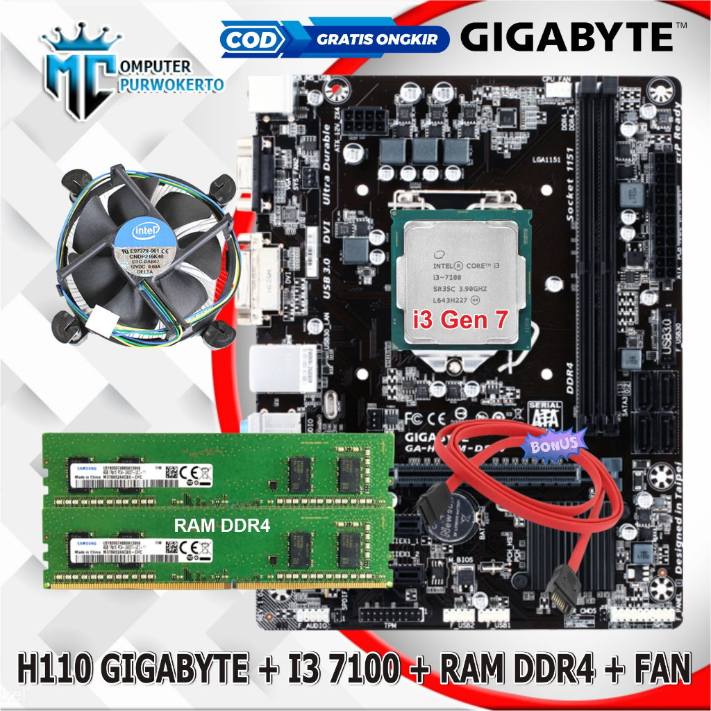 Jual Paket Motherboard Mainboard H110 + Processor i3 7100 Gen 7 + RAM ...