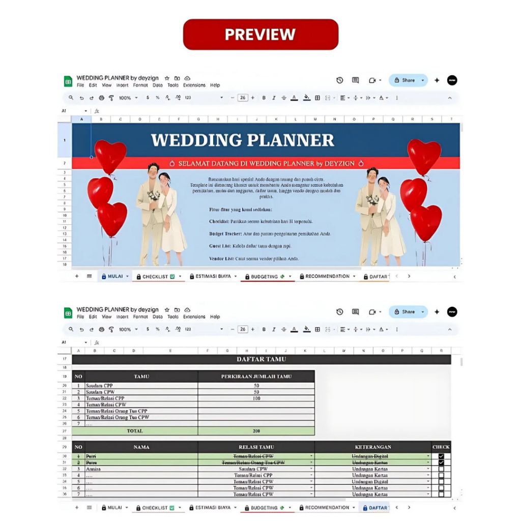 Jual Wedding Planner Digital Excel & Sheets | Checklist Persiapan Nikah ...