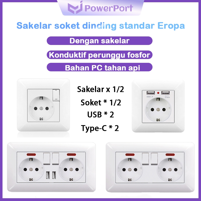 Jual PowerPort Saklar Soket Dinding Standar Eropa Power Soket USB+Type ...