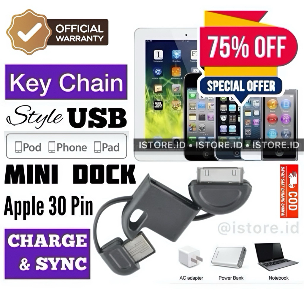 Jual [COD] (Free: Sticker) MFI Key Chain Style 30 Pin to USB Cable ...