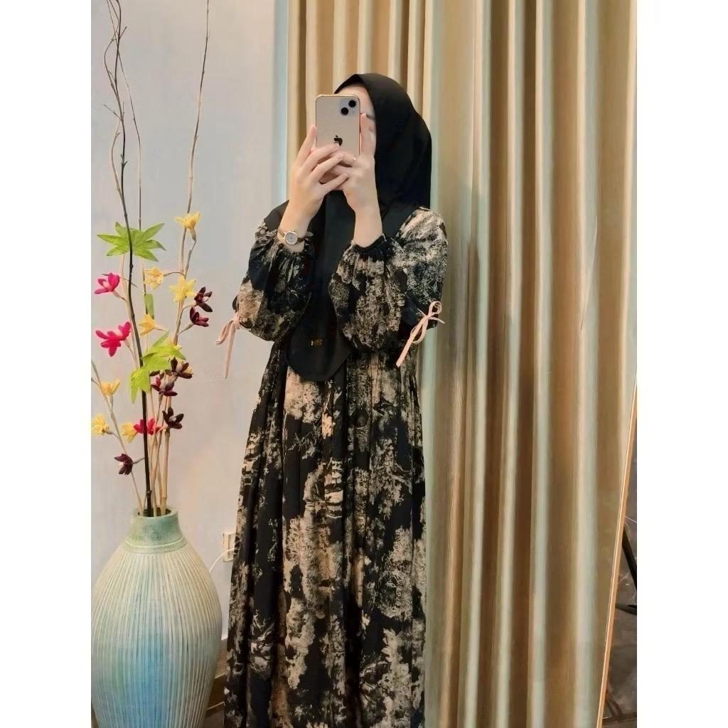 Anjani dress rayon diamond-gamis pita lengan balon-busana muslim masa kini