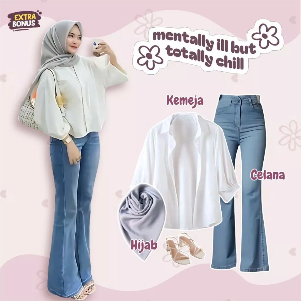 3in1 Kemeja Celana Hijab Bella OOTD Wanita