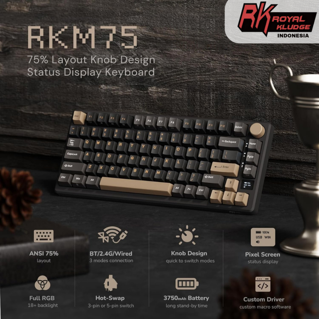 Jual Royal Kludge RK M75 Wireless 3-Mode LED Gasket Mechanical Keyboard ...
