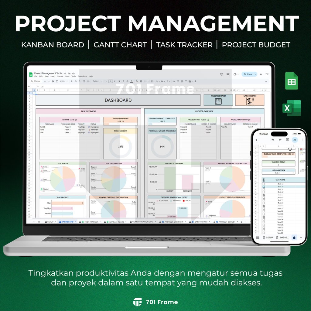 Jual Project Management Tool Google Sheets & Excel Task Tracker Gantt ...