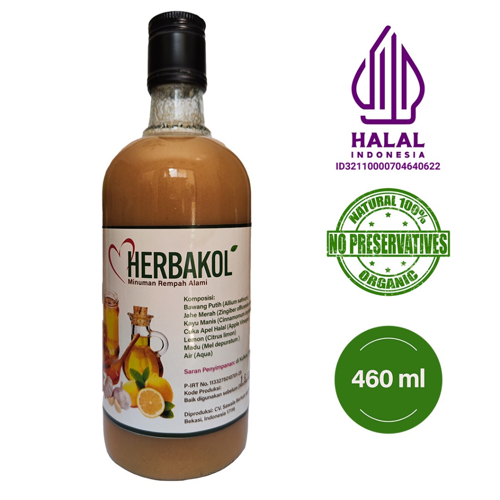 HERBAKOL Jus Bawang Putih Herbal Jahe Merah Lemon Cuka Apel Madu Cinnamon, Garlic Juice Botol Kaca