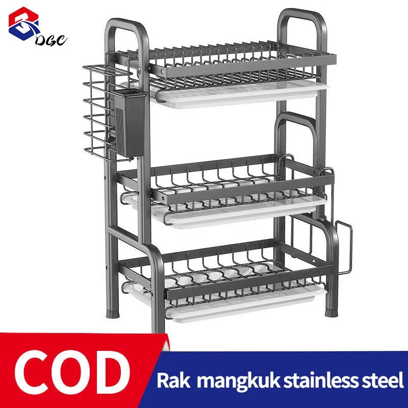 DGC Rak Piring Stainless Steel Rak Dapur Cuci Piring Wastafel Rak Piring Penyimpanan Rak Peralatan Dapur Dengan Aksesoris 2 Susun Tingkat Peralatan Dapur