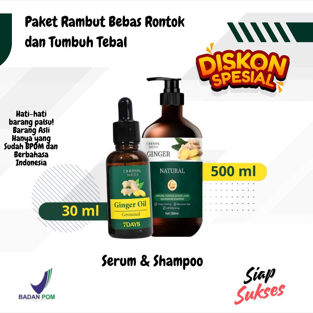 Paket Hemat Shampo 500 ml  + Serum 30 ml Perawatan Penumbuh Rambut Menjadi Hitam Berkilau Lebat Alami Anti Rontok dan Botak
