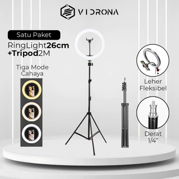VIDRONA Paket Komplit Ringlight Dan Tripod Lampu Selfie 26cm Live Streaming Makeup Vlog