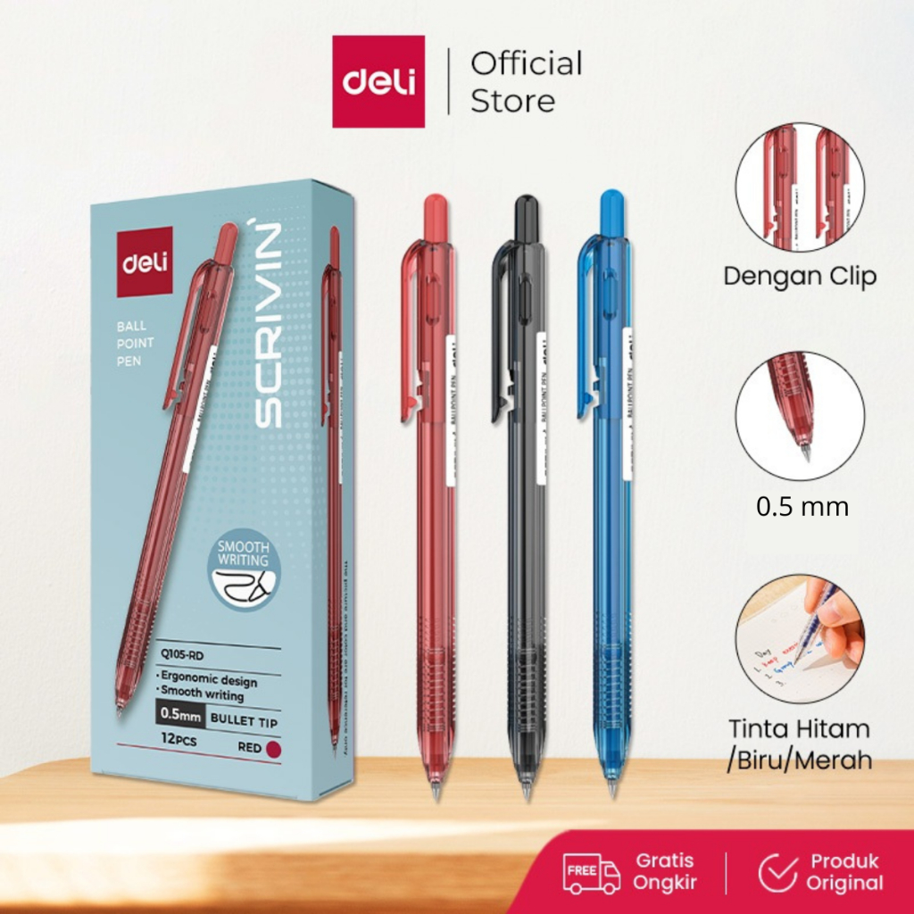 Deli Ballpoint Pen / Pulpen Bolpoin dengan Clip 0.5 mm Pena Retractable Penulisan Halus EQ105 1pcs