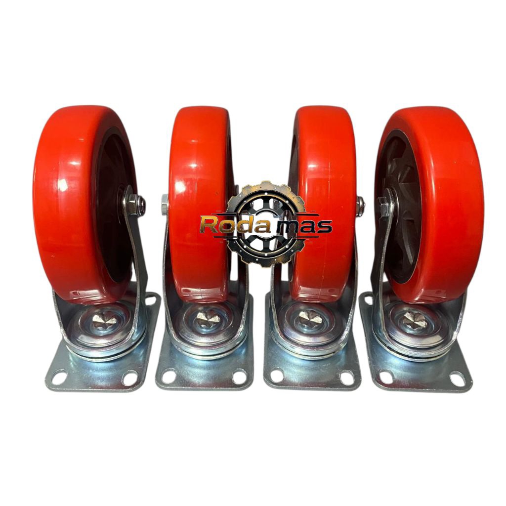 Jual roda pu merah 4 inch set ( 2 roda hidup + 2 roda rem ) roda ...