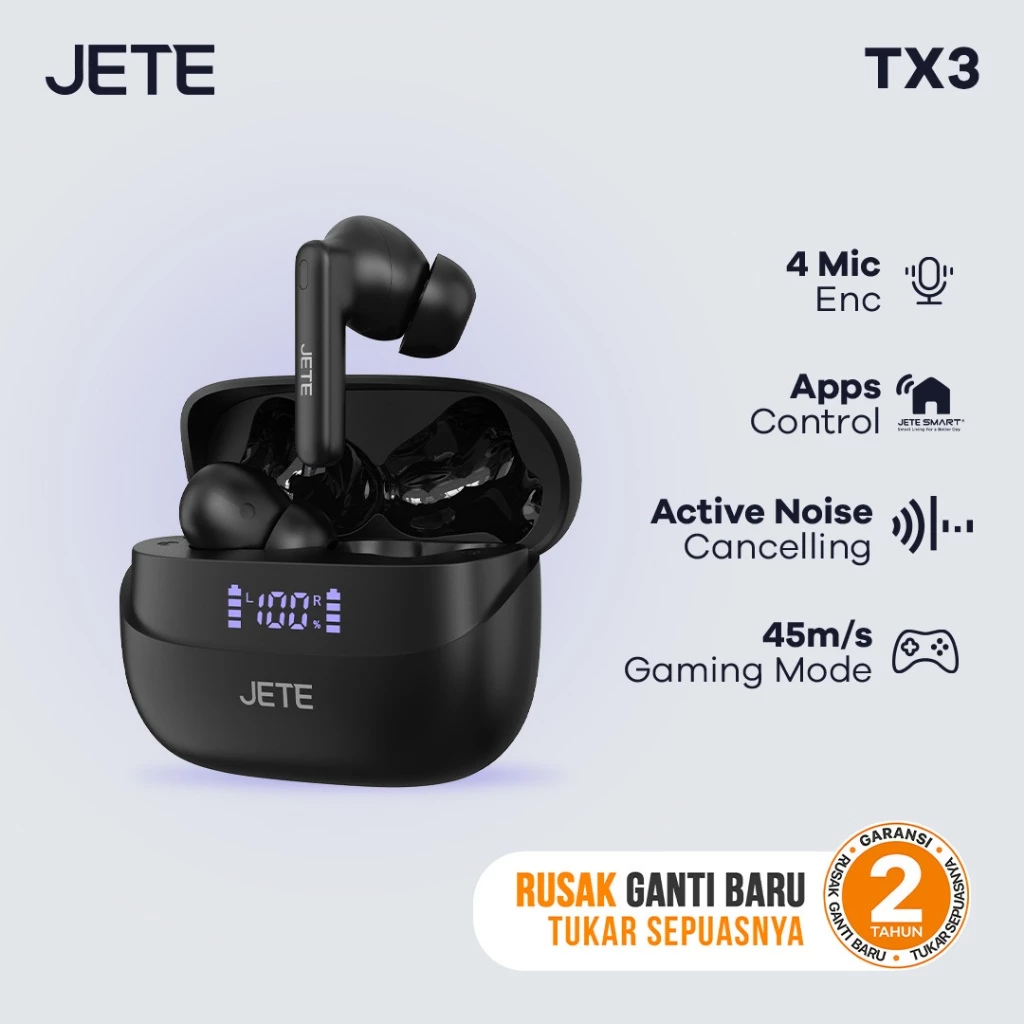 JETE TWS ANC TX3 with Apps Control and Equalizer Low Latency 45m/s - Garansi 2 Tahun