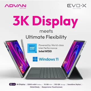 [FREE STYLUS PEN +KEYBOARD] ADVAN Laptop 2 in 1 EVO-X 16” / 13" Touchscreen Detachable 2.5K Display Intel i3-1215U/Intel N150/Intel N100 12GB/512GB Windows 11 - Garansi Resmi 1 Tahun