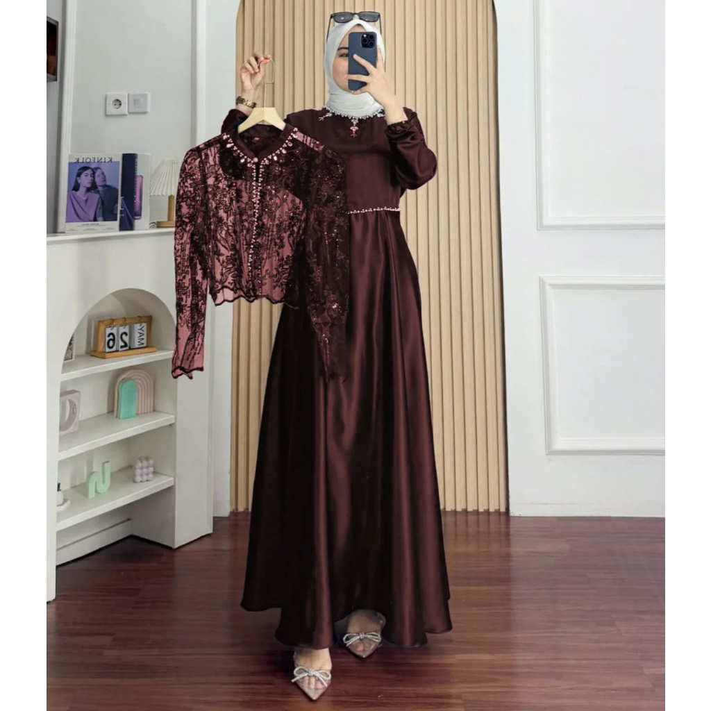 Sakura Dress Gamis Coklat Mahogany Limeted Edition Edisi Brukat Payet Lebaran 2026 Gamis Slik Premium