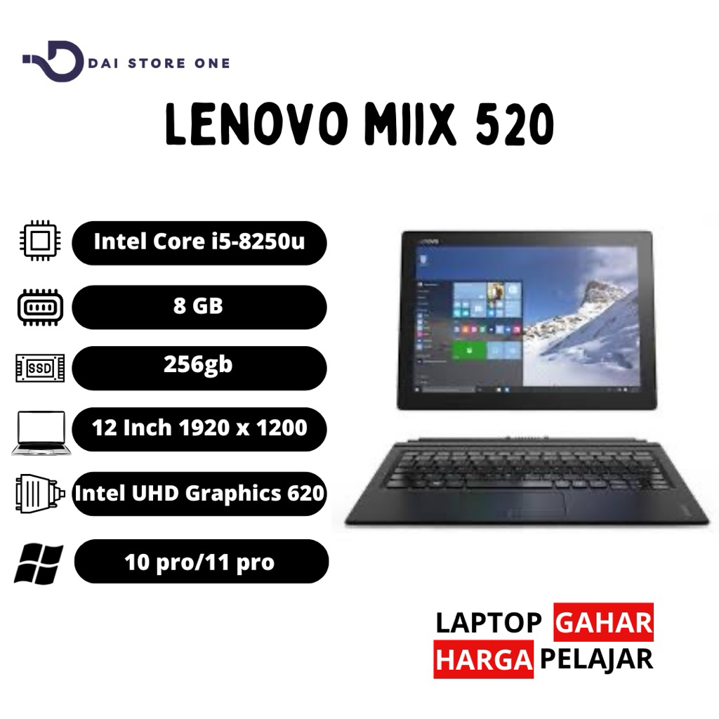 Jual Lenovo Tablet MIIX 520 Core i5/i7 Gen 8 16GB/SSD512GB