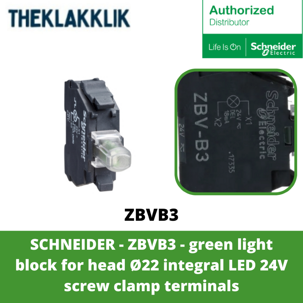 Jual SCHNEIDER - ZBVB3 - green light block for head Ø22 integral LED ...