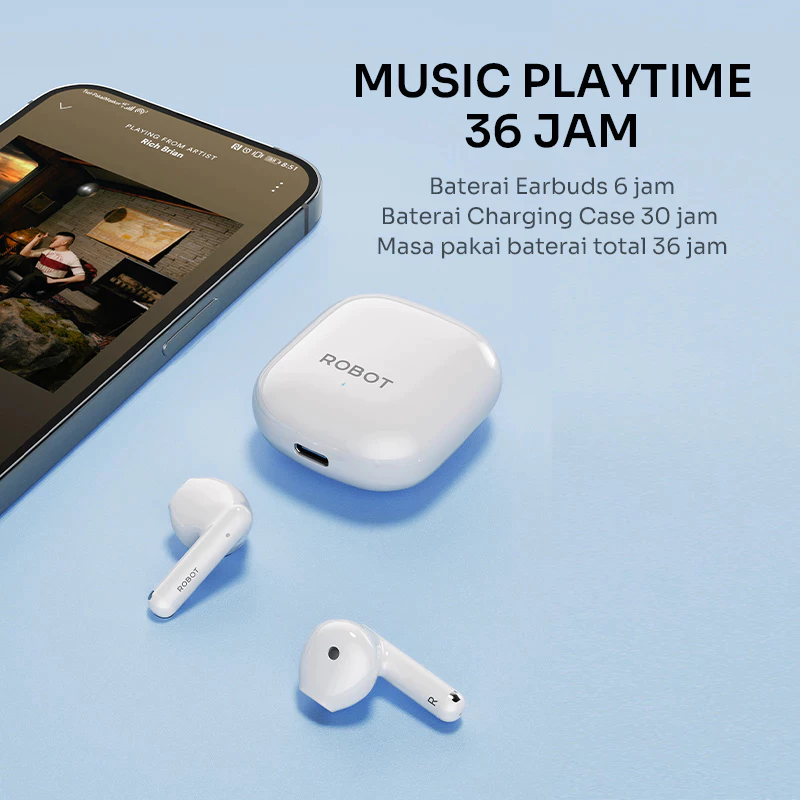 Earphone ROBOT T60 TWS Bluetooth 5.3 Mini Wireless 36 Hours Playtime IPX4 Tahan Air – Original Resmi 1 Tahun