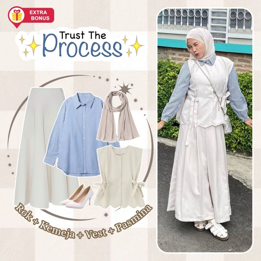Jual One Set 4in1 Kemeja Salur Vest Cheris Rok Joda Hijab Pasmina ...