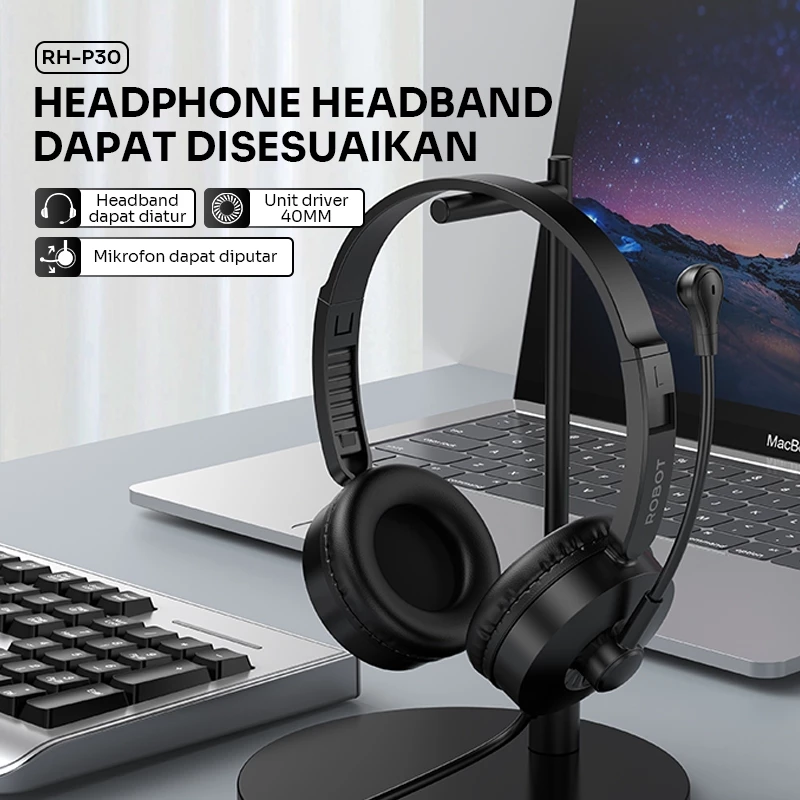 ROBOT Headphone Wired 3.5mm with Adjustable Mikrofon Bass Driver 40mm Headset Kabel RH-P30 Original - Garansi 1 Tahun