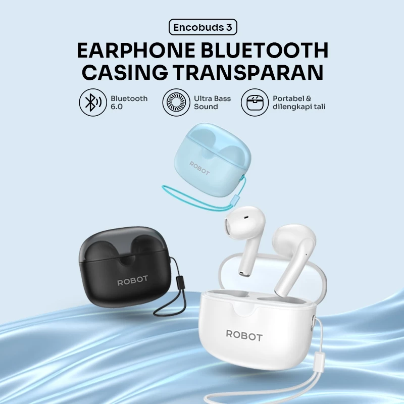 ROBOT TWS Wireless Earphone Bluetooth 6.0 Earphone Wireless Casing Transparan Ultra Bass Enco Buds 3 Original - Garansi 1 Tahun