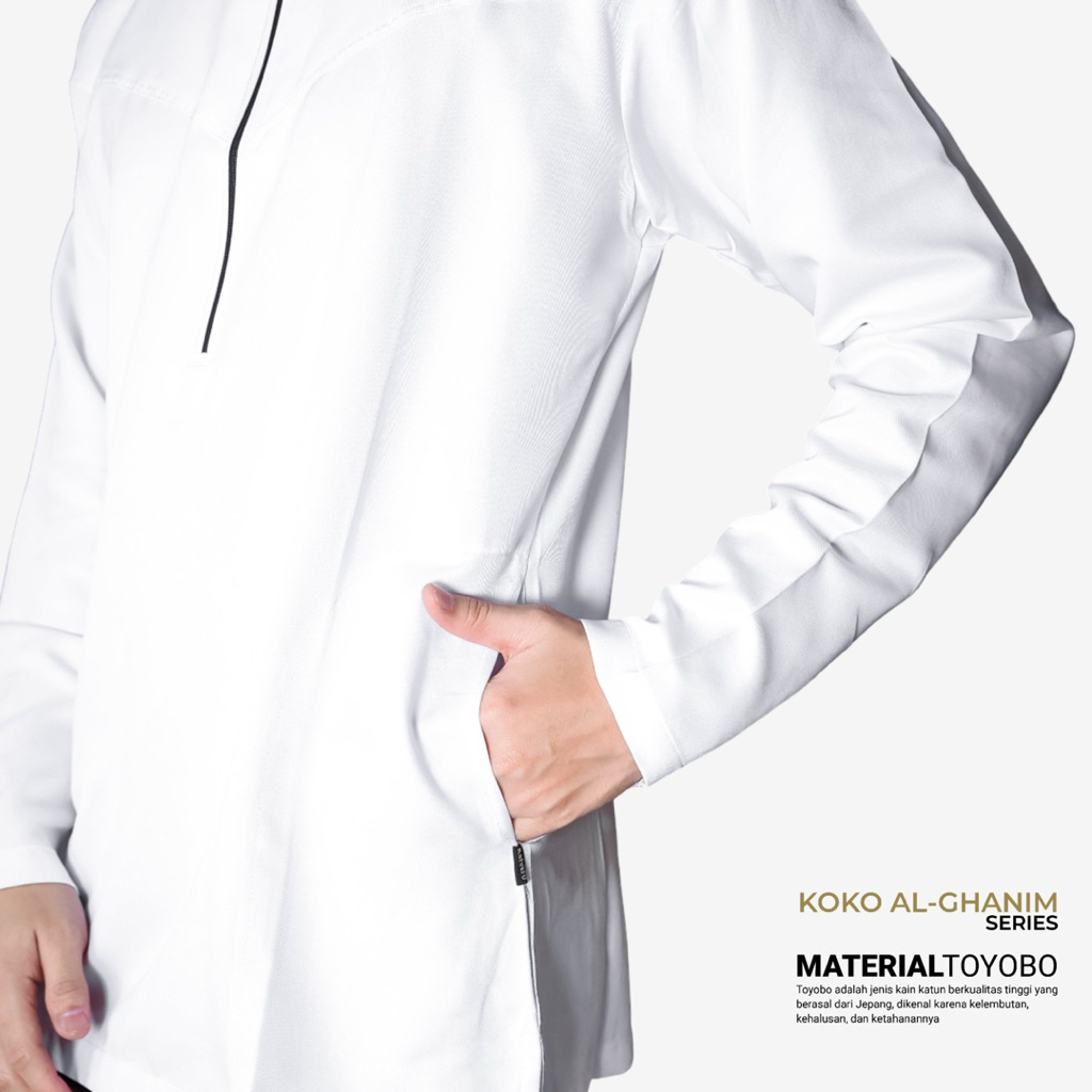 Baju Koko Pria AL GHANIM Kombinasi Lengan Resleting  Material Toyobo Premium Original Albarizi Desain Simpel Minimalis