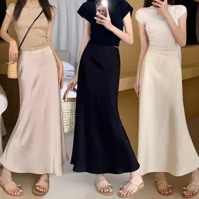 Rok Maxi Satin S 6XL Rok Pensil Pinggang Tinggi Fishtail Panjang Untuk Wanita