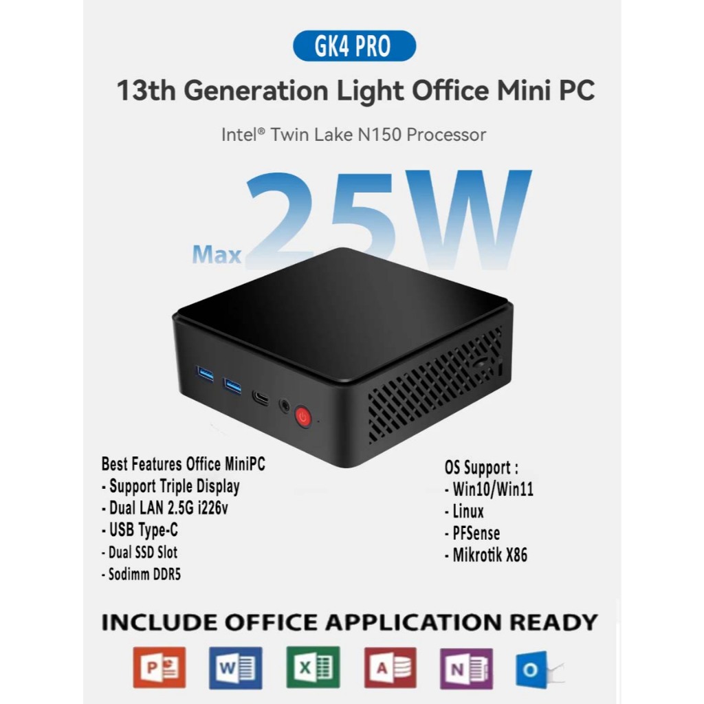 Mini PC Office BKHD NUC GK4 Pro DDR5 Intel Gen13 N150 Dual LAN 2.5G i226V Triple DIsplay HDMI DP USB-TypeC WiFi PFsense Windows 11 Pro