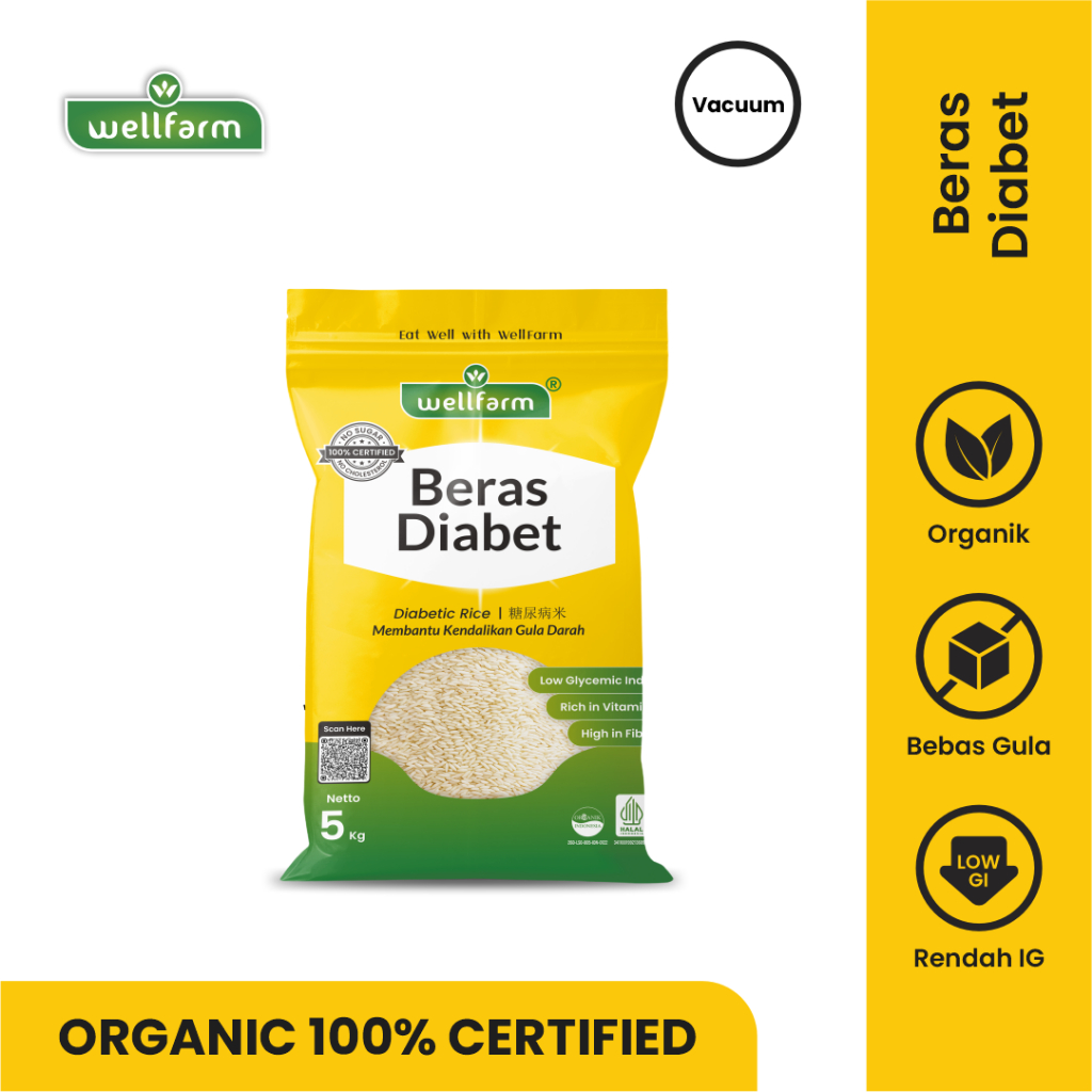 Beras Diabetes Organik 5Kg Low GI Free Sugar | WellFarm Beras Diabet Organik Baru Kemasan 5Kg Vacuum