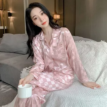 SATIN SERIES Aisha Long Sleepwear Setelan Piyama Satin Kotak Elegan Baju Tidur Wanita Dewasa