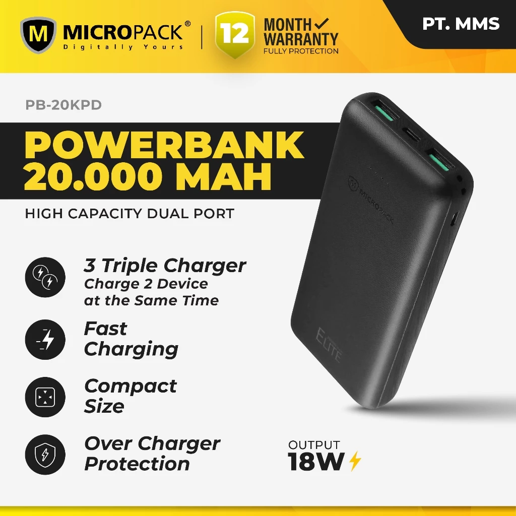 MICROPACK- 100% ORIGINAL POWERBANK 20.000mAh 18W QC+PD 3.0 Powerfull Multi Charging - (PB-20K-PD-BK)