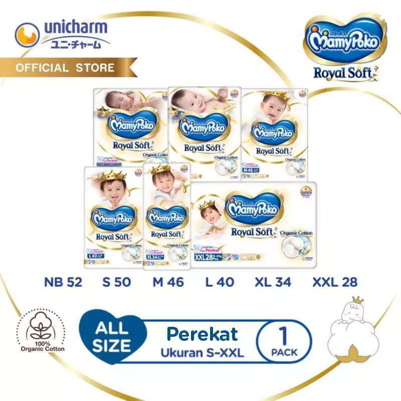 MamyPoko Royal Soft Organic Cotton - All Size (NB-XXL) - Popok Perekat - 1 Pack - Super Jumbo - foto 1