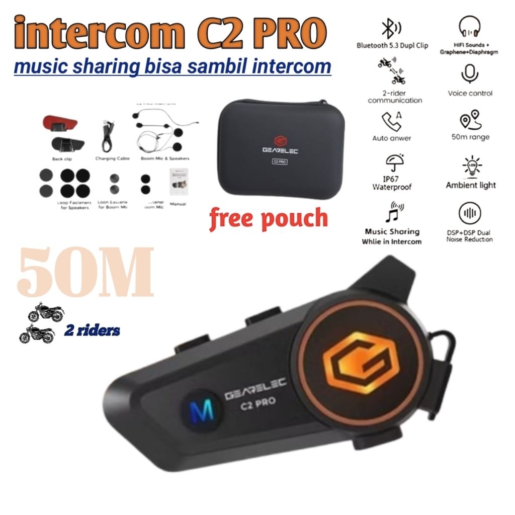 Jual INTERCOM Gearelec C2 PRO music sharing sambil intercom 2 riders 50 ...