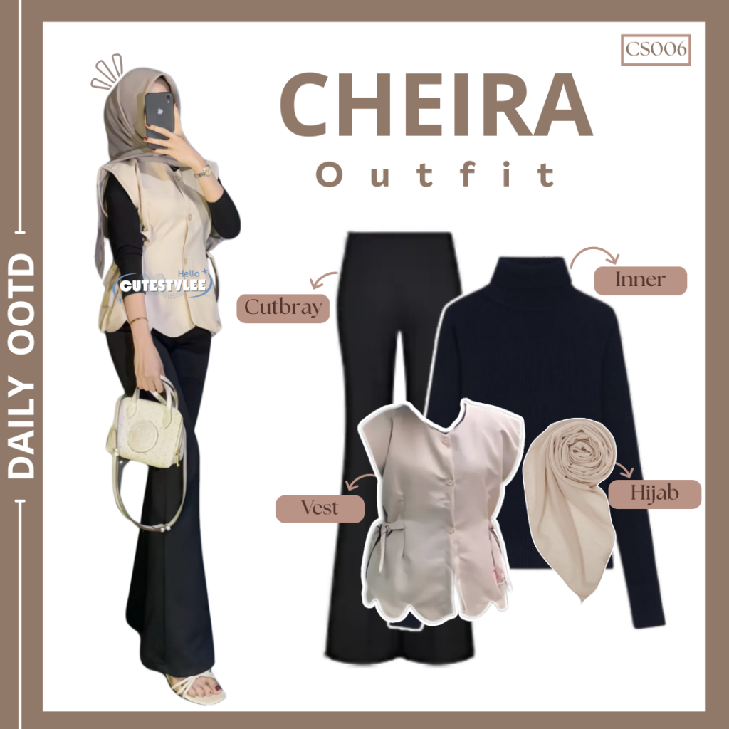 Product image 3in1 One Set Wanita | Vest Cheris, Inner Manset, Celana Cutbray, Bella Square | Outfit Kekinian CS06 1
