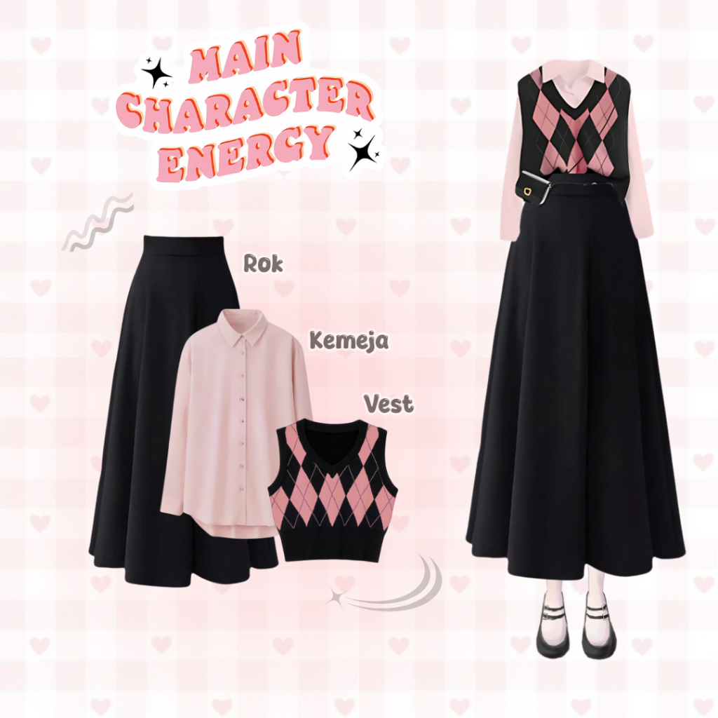 Jual One Set Korean Style Dusty Pink | Vest + Rok Payung + Kemeja ...