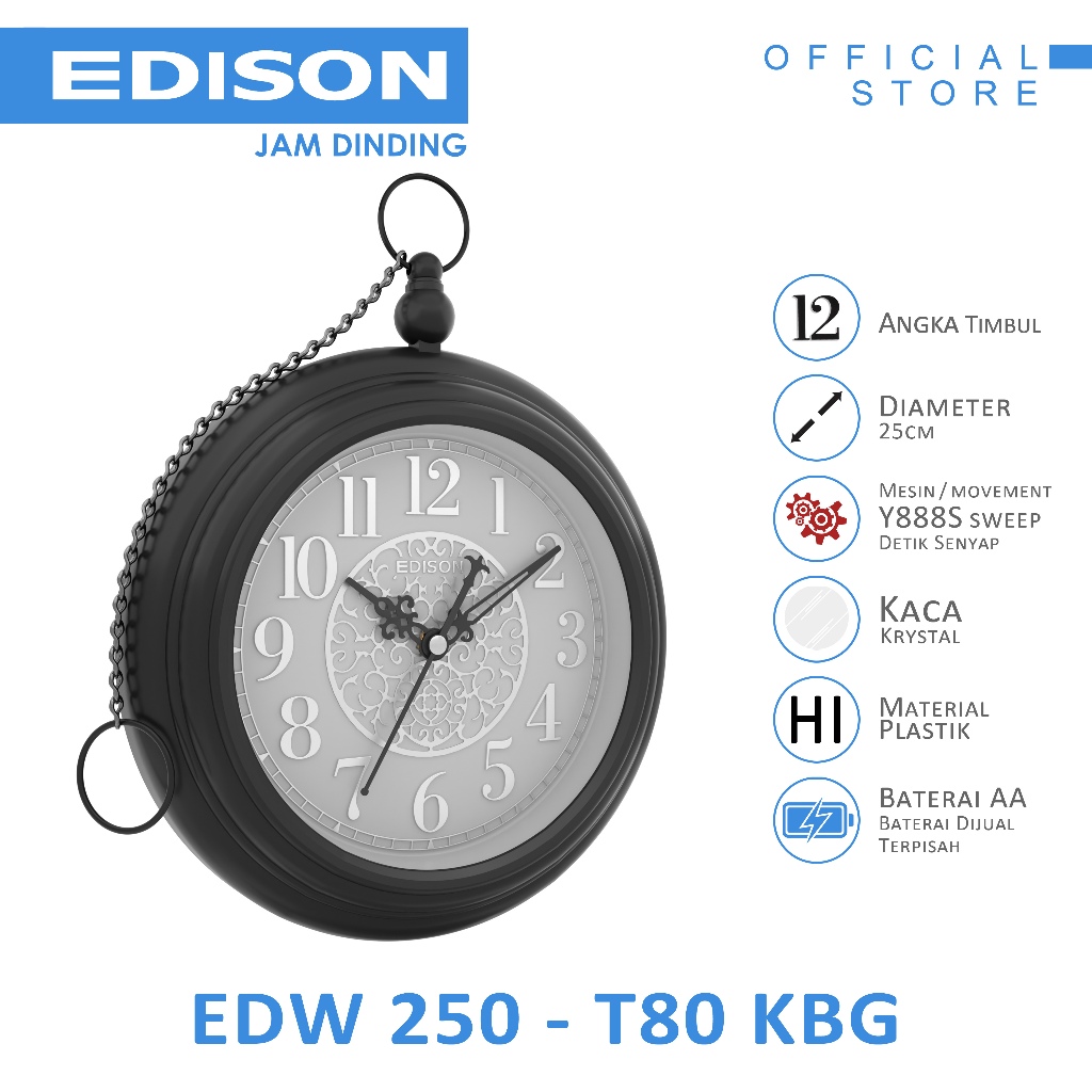 Jual Jam Dinding Edison Sweep ES 250 T80 KBG Diameter 250mm 25cm ...