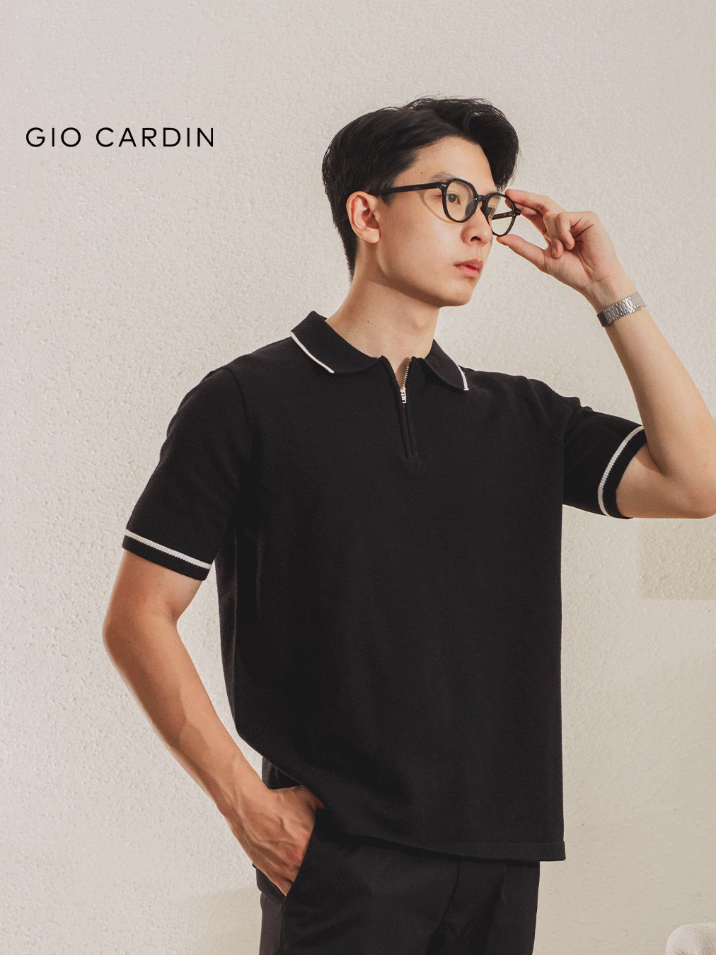 Kaos Polo Pria Knit Hitam Premium Viscose Zipper Gio Cardin