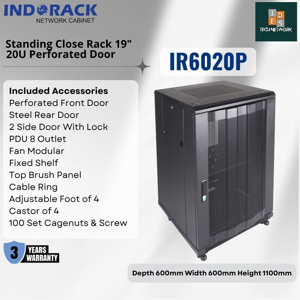 Jual Indorack IR6020P Close Rack 20U Depth 600mm Perforated Door Rak ...