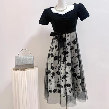 Dress Hitam Korea Elegant Midi Dress 2025 Princess Floral Dress Lengan Pendek Big Size Pantai