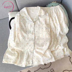 QHST Piyama Set Wanita Satin Polka Rainbow Titik Lengan Panjang Celana Panjang Baju Tidur