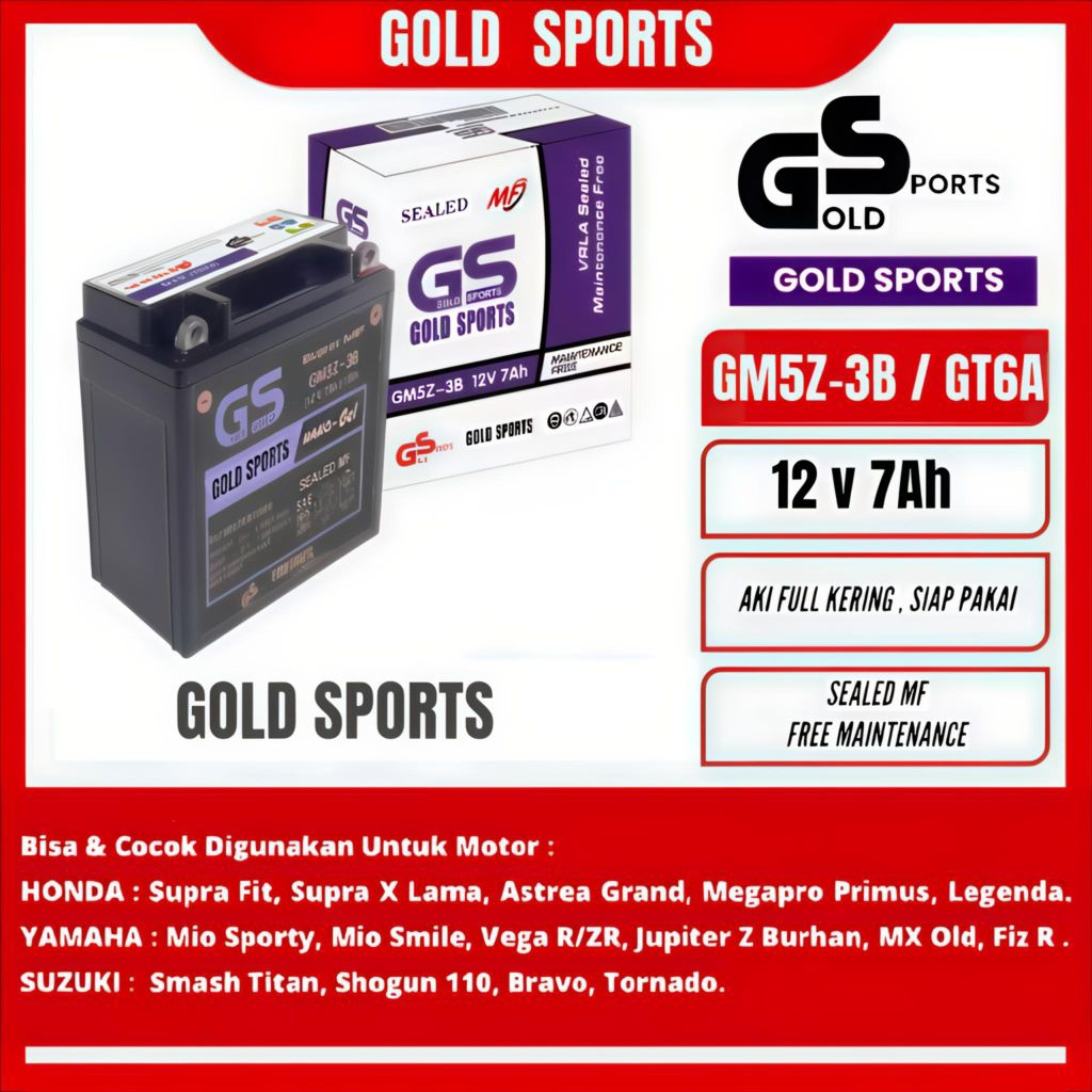 GOLD SPORTS Aki Full Kering Motor GM5Z-3B GM5Z3B GT6A 12V7Ah Accu Gel MF Battery MIO SMILE SPORTY ALFA IIR F1ZR CRYPTON SIGMA VEGA ZR R - JUPITER MX OLD Z RX Z RZ R HONDA ASTREA GRAND SUPRA 100 SERIES MEGA PRO PRIMUS NEOTECH SUPRA FIT LEGENDA X 5Ah