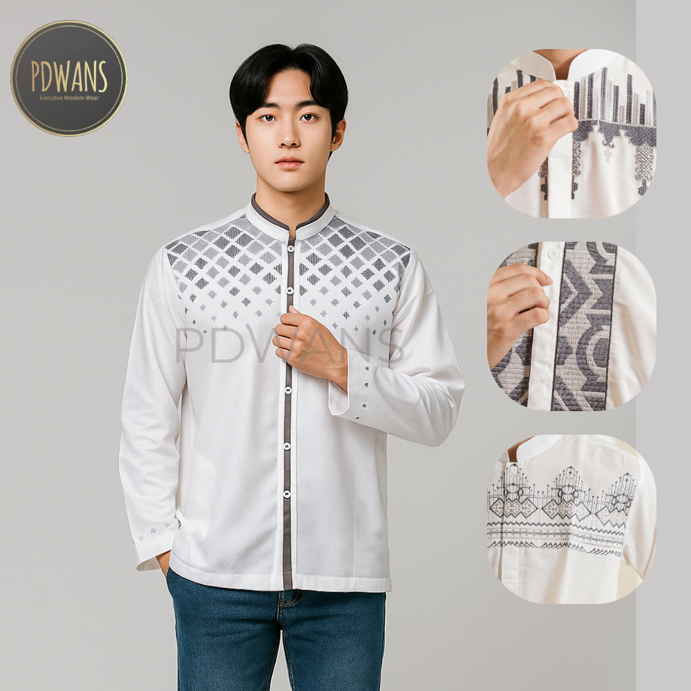PDWANS Baju Koko Dewasa Poli Katun Lengan Panjang Putih Tulang Motif Bordir Ukuran S M L XL