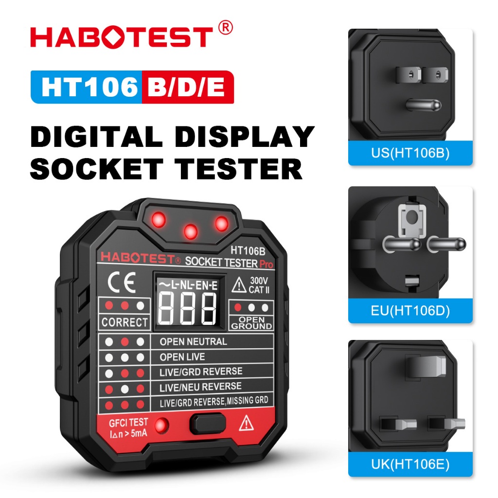 Jual HABOTEST HT106D GFCI Penguji Soket Listrik Uji Kebocoran Listrik ...