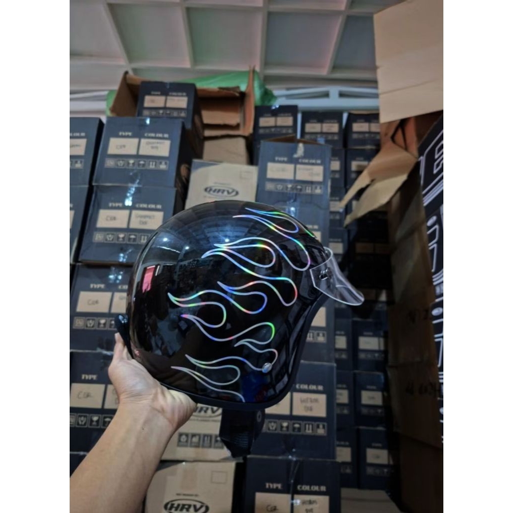 Jual Helm Slimhead Retro Api Hologram Free Pet | Shopee Indonesia