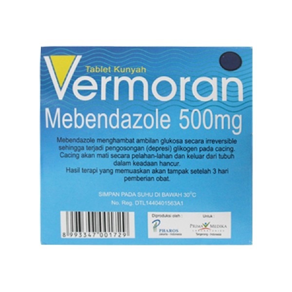 Jual VERMORAN 500 MG CHEWABLE TABLET / OBAT CACING / MEBENDAZOLE ...