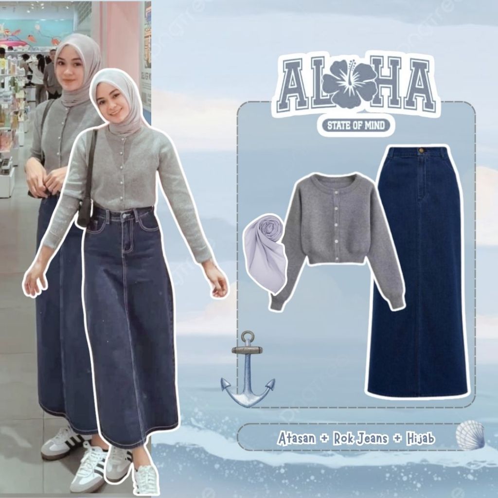 Jual Setelan OOTD Kekinian 3IN1 Cardigan milea Abu rok jeans dark Hijab ...