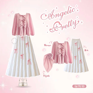 Oneset Outfit Wanita Remaja Cute Style 3 IN 1 Atasan Blouse Pita Salur Pink Peach Bawahan Rok Susun Pita Hijab Bella Square OOTD Korean TB 195