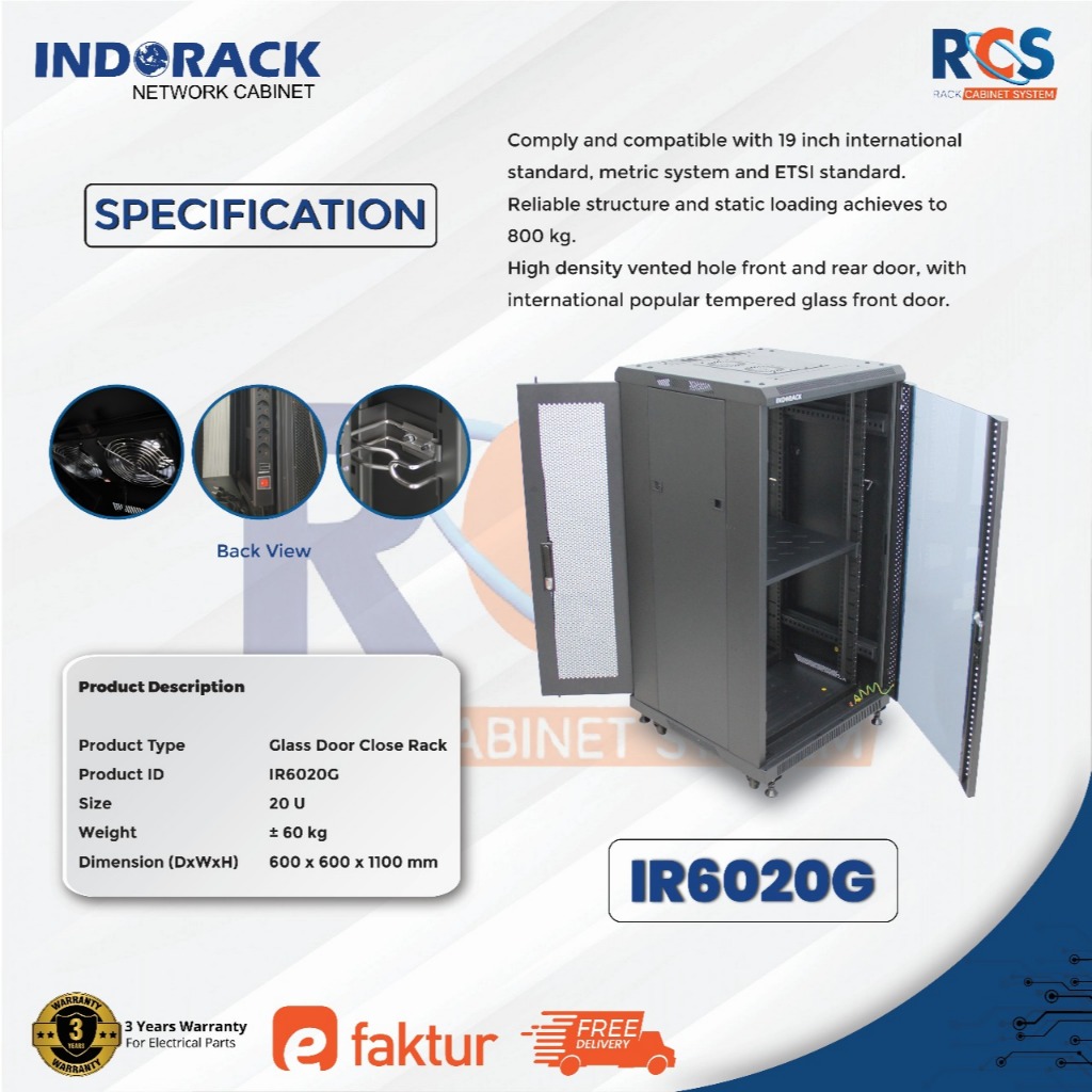 Jual Indorack IR6020G Standing Close Rack 20U Depth 600mm Glass Door ...